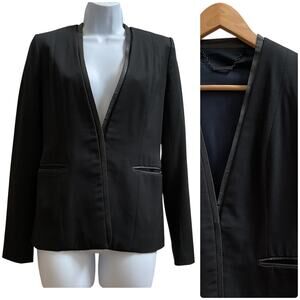 Elie Tahari Black Virgin Wool Lamb Leather Blend Pocket Blazer Size Small